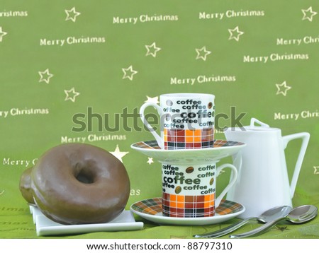 Two Coffee Cups Chocolate Donut White Pitcher Christmas Background
