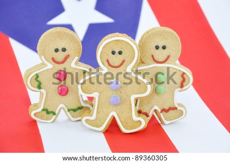Delicious Christmas Butter Flavored Gingerbread Man Cookies Standing on Puerto Rico Flag Smiling