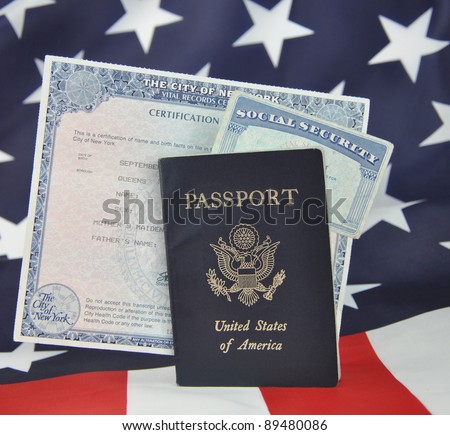 American I.D. Documents Passport Birth Certificate Social Security Card United States of America Flag