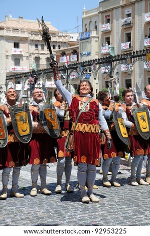 ALCOY, SPAIN - MAY 14: Christian legion marching in the largest annual Moors and Christians parade commerating battles during the 8-15th century between Muslims and Christians. Alcoy May 14, 2011