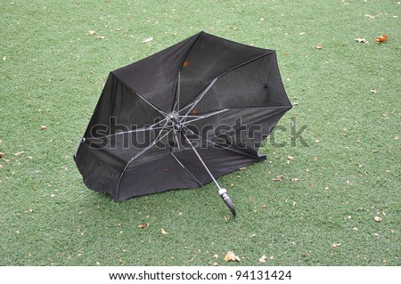 Broken Wind Blown Damaged Umbrella on Green Grass Turf