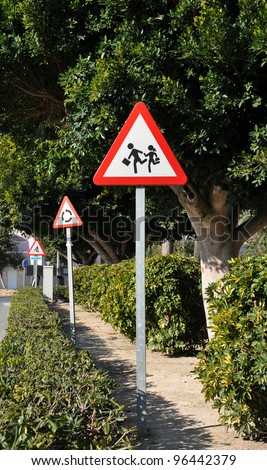 Children School Crossing Traffic Sign Bicycle and Rotunda Signs