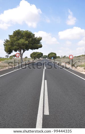 Two Lane Highway Roadway Street (N340 between Alicante and Torrellano) with Speed Limit Signs in Spain Europe