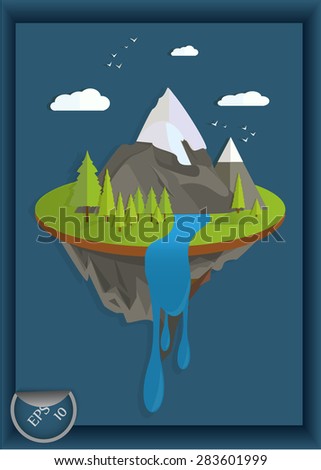 the flat landscape of mountains, trees and waterfall