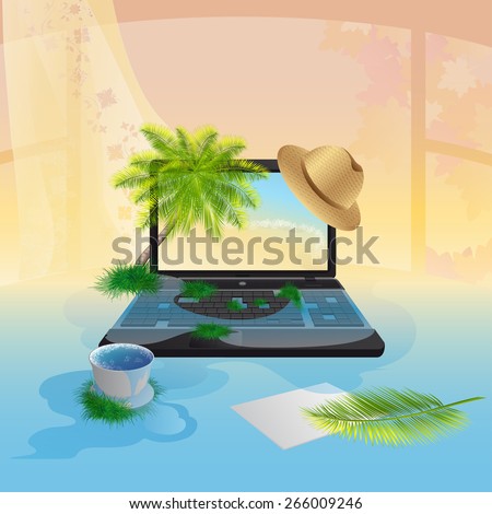 A vector illustration of laptop, seascape. Vacation concept