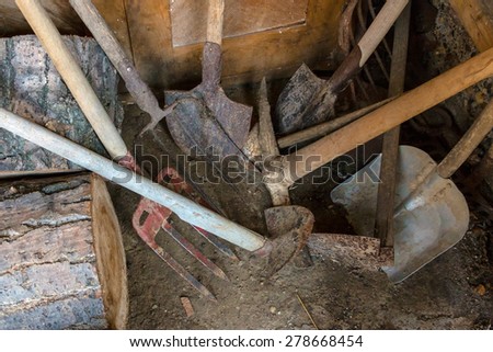 Garden shed with garden tools