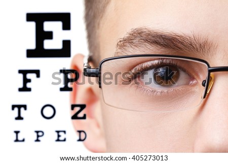 Child an ophthalmologist .Portrait of a boy with glasses.  Eye exams. Check Table view. Macro studio shoot profile