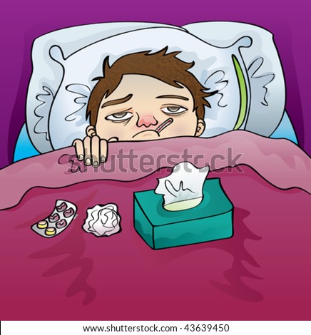 stock vector : Sick with flu. Vector illustration of a poor guy sick in bed with a thermometer in his mouth.