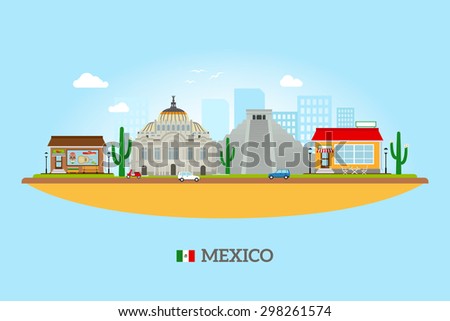 Mexico landmarks skyline. Mexican tourist attractions vector illustration