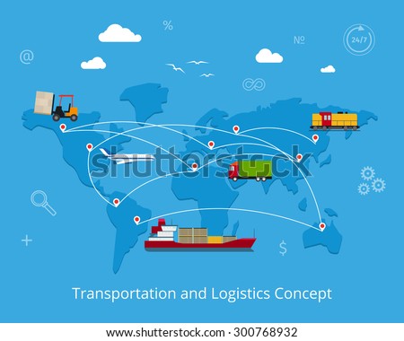 Logistics flat global transportation concept. Maritime and land transport, railway and air transport on world map background