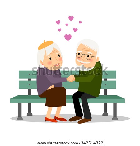 Senior couple in love. Elderly people siiting on bench together. Vector illustration.