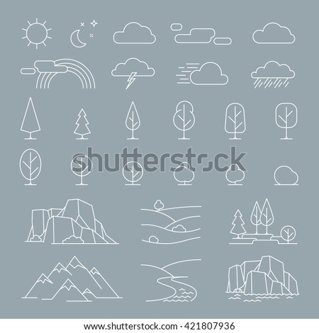 Nature landscape thin line elements icons. Vector nature landscape items