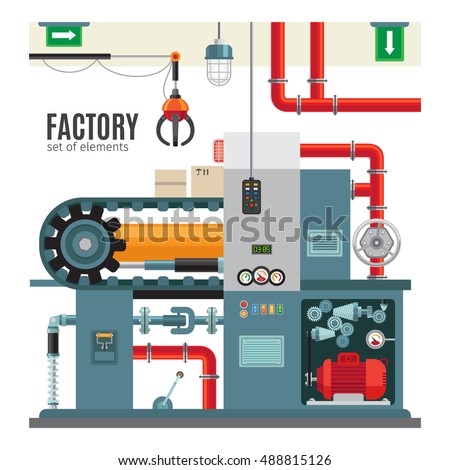 Manufacturing conveyor in flat style. Machinery industrial factory packaging conveyor belt vector illustration
