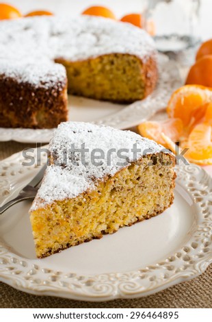 Piece of clementine cake (without wheat flour, gluten free cake)