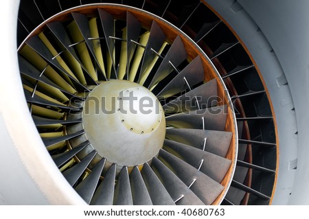 Close up of powerful aircraft engine turbine