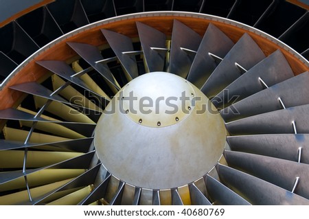 Close up of powerful aircraft engine turbine