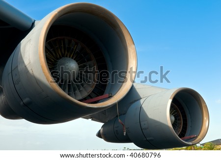 Close up of powerful  airplane turbines  under wings.