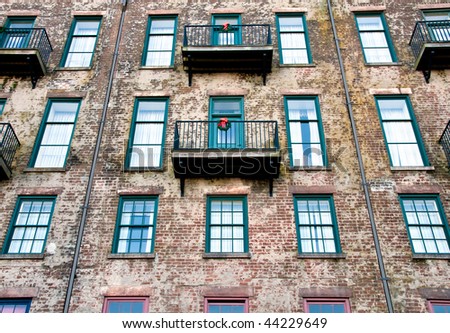 View of old wall and balconies in Savannah, Georgia.
