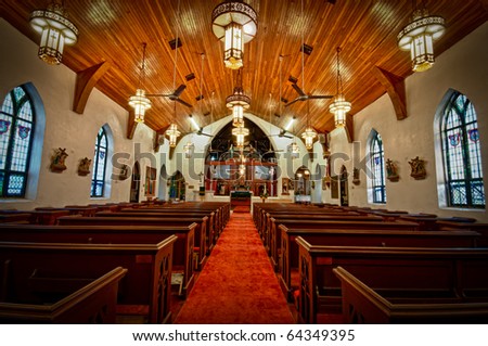 Interior view of historic St. Mary the Virgin Anglican Church. This church, said to be the oldest church in The Bahamas, is thought to have been built by the Spanish in the 1600\'s.