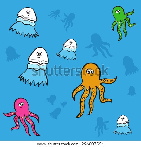 funny cartoon pattern ocean life with cute underwater animals - jellyfish and octopus, and their silhouettes