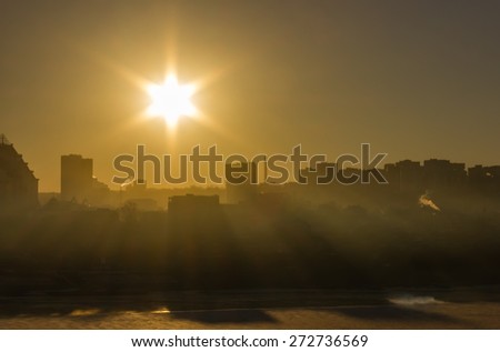river, sunrise, sun, ice, city, dawn, snow, landscape, the urban landscape, the city wakes up, good morning, the rays of the sun, ice melts