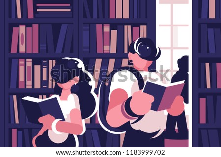 People read in library. Concept young man, teenager and girl, woman gets knowledge, studying, read book. Vector illustration.