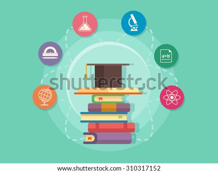 Science education icons. School and university study, book and knowledge, flat vector illustration