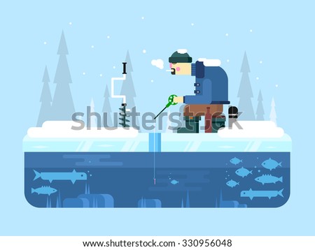 Winter fishing. Ice and snow, cold nature, water lake, fish and outdoor leisure, flat vector illustration
