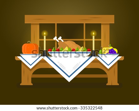 Holiday table for Thanksgiving. Food dinner, celebration traditional, turkey and vegetable, pumpkin flat vector illustration