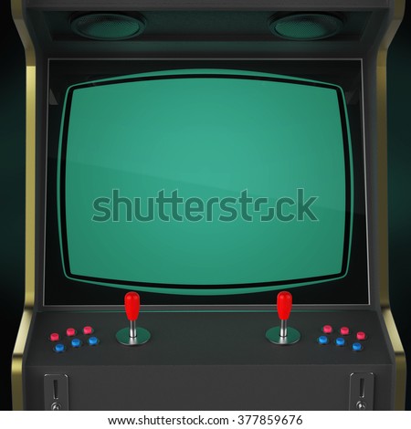 A vintage arcade game machine screen close up with colorful controllers and a screen isolated. gaming, vintage, win, poster template. high quality 3d rendering.