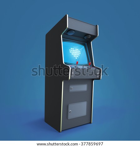 A vintage black arcade game machine cabinet with pixel heart icon colorful controllers and a screen isolated. love, gaming, vintage, win, couple metaphor. high quality 3d rendering.