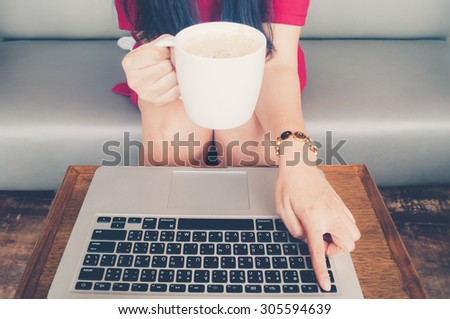 Vintage tone image of working woman push escape button, to escape from busy time to relax with coffee