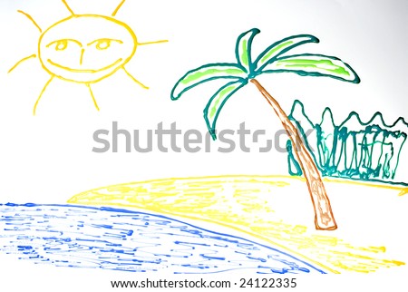 Drawing of tropical beach with sun, sea and tree.
