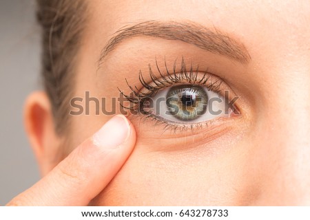 Female pointing eye bag with finger