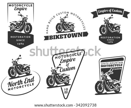 Set of classic motorcycle emblems, badges and icons. Motorcycle repair, service and motorcycle club design elements. Isolated vintage motorcycle side view. Vector.