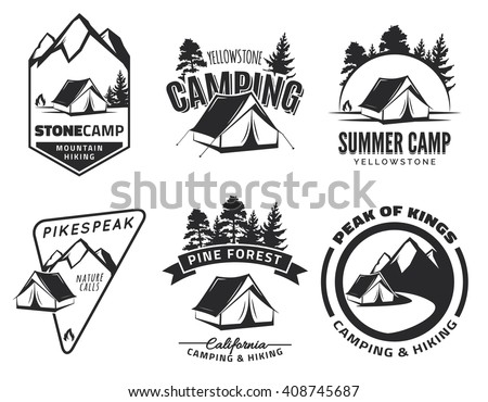 Set of vintage camping and outdoor adventure emblems, logos and badges. Camp tent in forest or mountains. Camping equipment. Camping vector. Campfire. Camping icons.