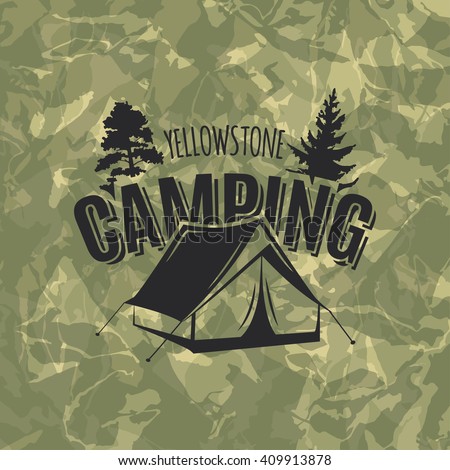 Vintage camping and outdoor adventure logo on camouflage green background. Tent in forest. Camping equipment. Vector.