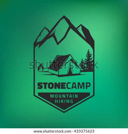 Vintage camping and outdoor adventure logo on green background. Tent in forest. Camping equipment. Vector.
