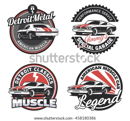 Set of classic muscle car round emblems, badges and signs.Vintage car club design elements.