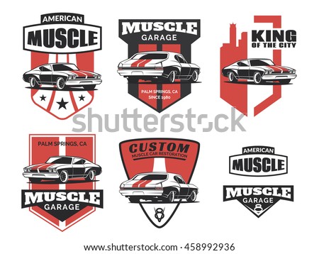Set of classic muscle car logo, emblems, badges and icons isolated on white background. Car club design elements. Old vintage car service and restoration emblems. Vector.