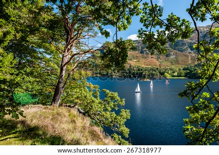 SEAT WITH A VIEW. Green seat next to an evergreen oak tree with a beautiful view through a gap in the trees of sail boats on Ullswater lake Cumbria, UK.