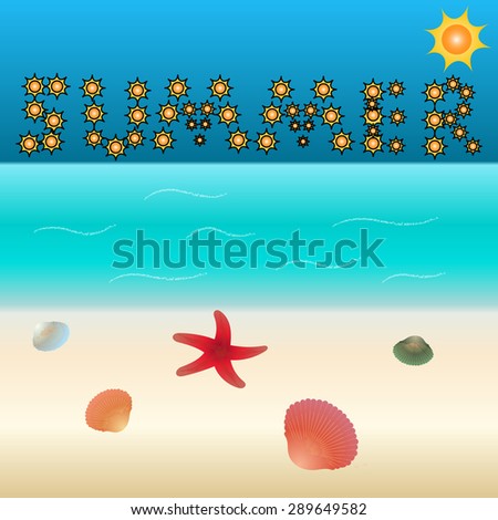 Summer sign on the sky made from suns, blue ocean and sandy beach with a starfish and shells