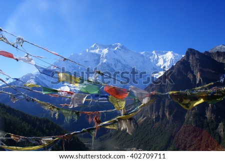 Prayer flags with Himalayas behind