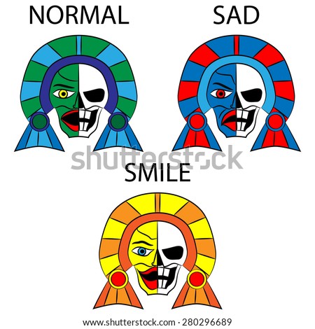 a set of  multi-colored masks of the Aztecs with normal emotions , sad and smiling on a white background