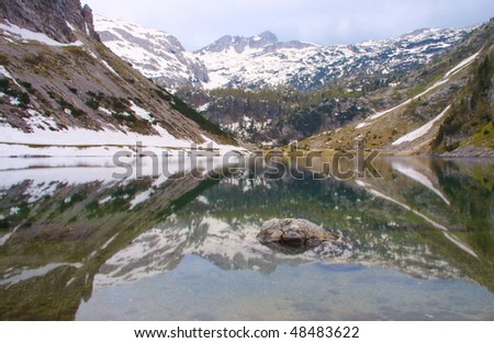 Mirror lake on a calm morning in bad weather in alps in slovenia