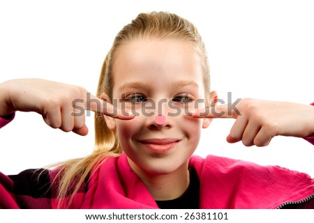 stock photo crosseyed girl with red dot on nose isolated on white 
