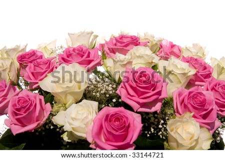 Bouquet of beautiful roses with gypsum herb