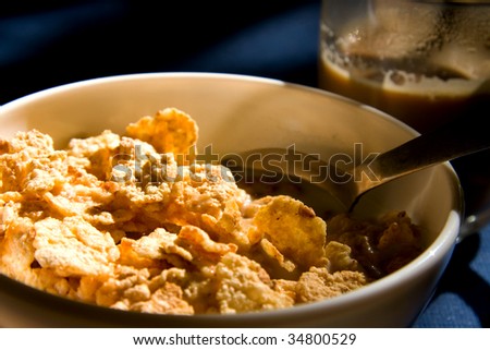 Bowl with cornflakes in the morning ready to eat