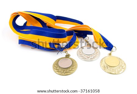 Three medals: gold, silver and bronze, isolated on white background