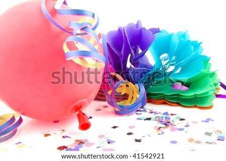 balloon and party streamers for birthday over white background